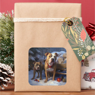Pitbull Snowy Sleigh Christmas Decor Square Sticker