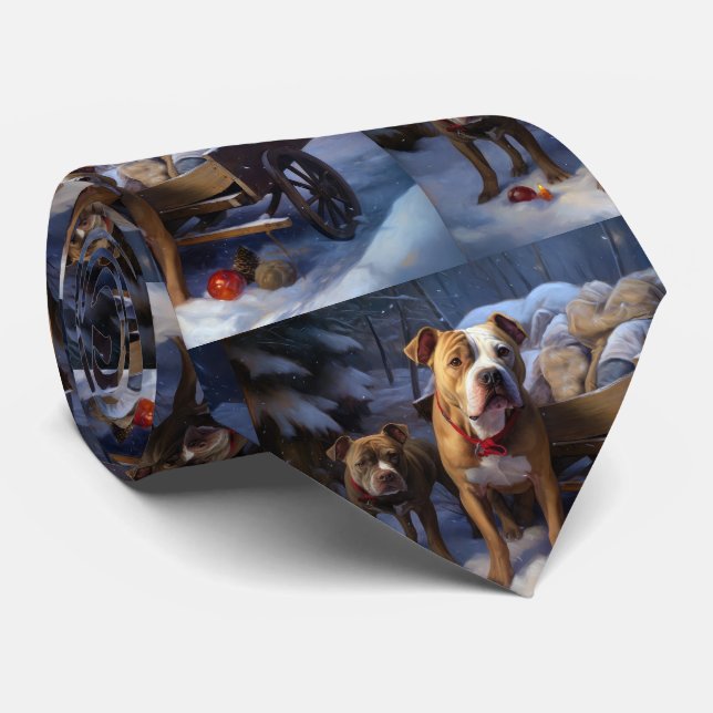 Pitbull Snowy Sleigh Christmas Decor Tie (Rolled)