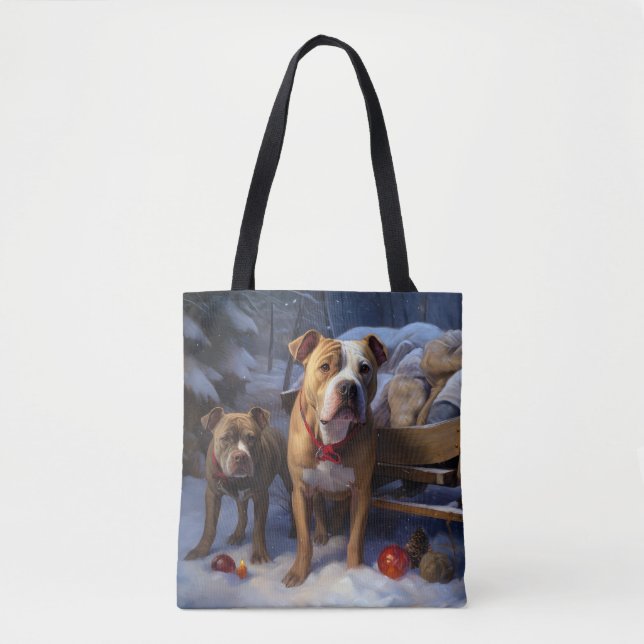 Pitbull Snowy Sleigh Christmas Decor Tote Bag (Front)
