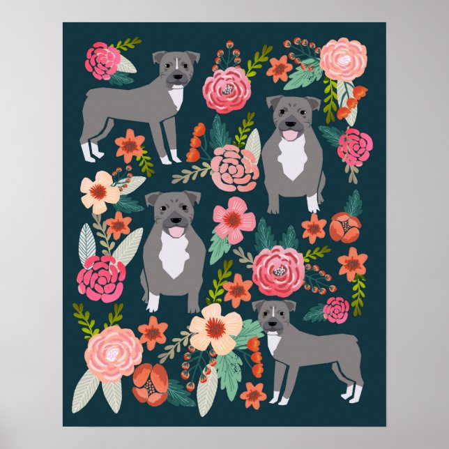 Pitbull Terrier Floral Dog Art Poster (Front)