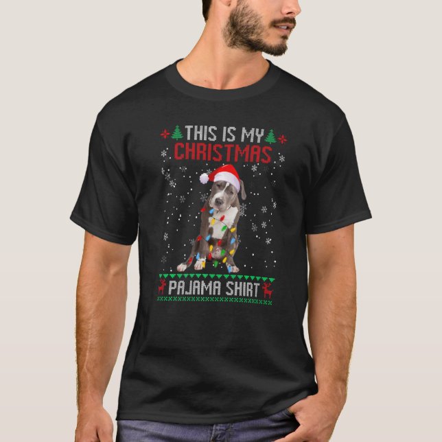 Pitbull Ugly Christmas Tree Lights Family Xmas Dog T-Shirt (Front)