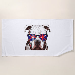 Pitbull Wearing Union Jack Sunglasses Beach Towel