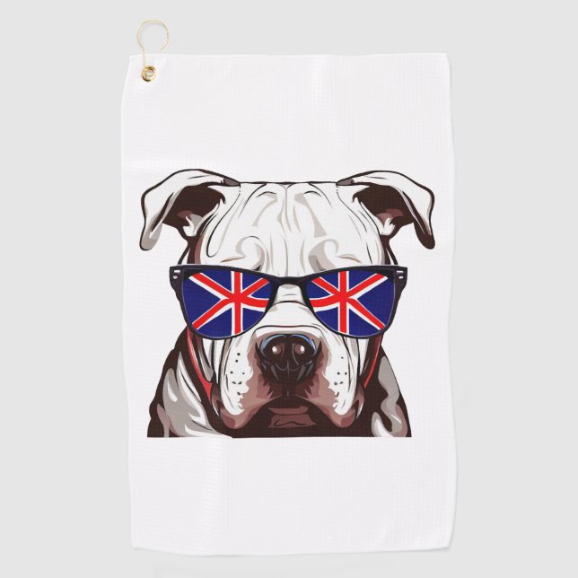 Pitbull Wearing Union Jack Sunglasses Golf Towel (Front)