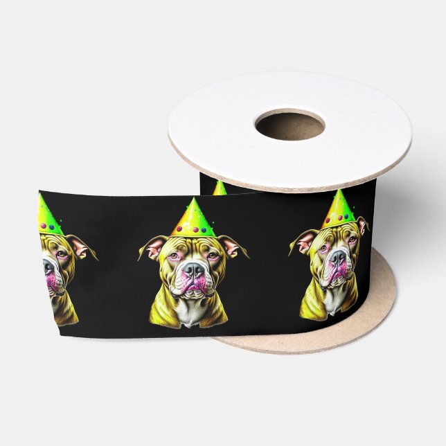 Pitbull with Birthday Hat  Satin Ribbon (Spool)
