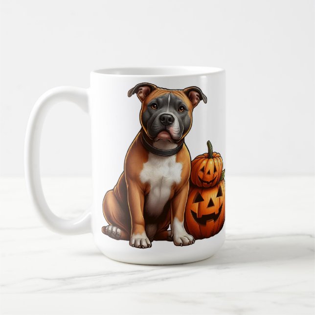 Pitbull with Halloween Pumpkins Coffee Mug (Left)