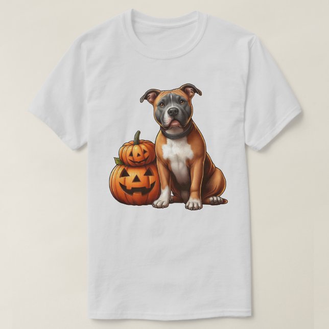 Pitbull with Halloween Pumpkins T-Shirt (Design Front)