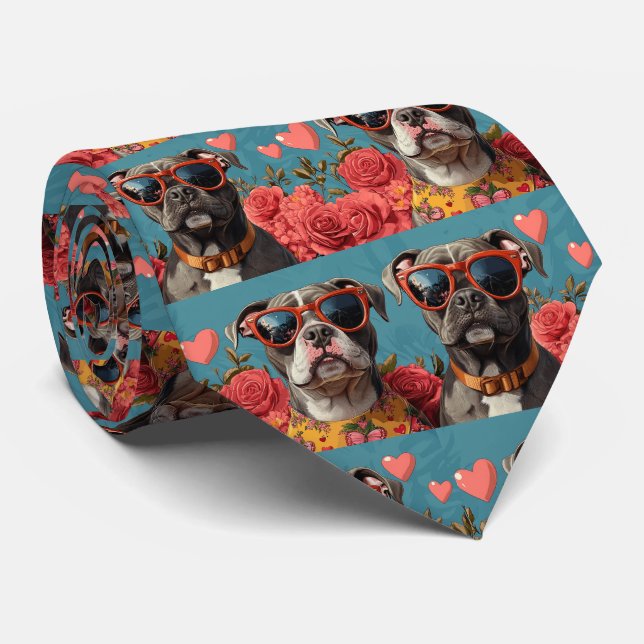 Pitbull With Heart Roses Valentine's Day Tie (Rolled)