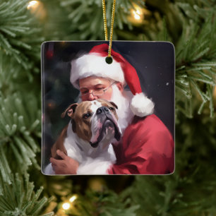Pitbull With Santa Claus Festive Christmas Ceramic Ornament