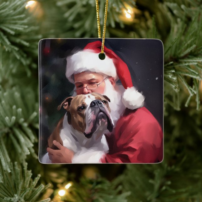 Pitbull With Santa Claus Festive Christmas Ceramic Ornament (Tree)