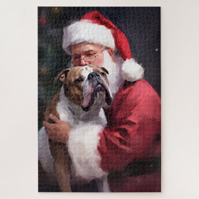 Pitbull With Santa Claus Festive Christmas Jigsaw Puzzle (Vertical)