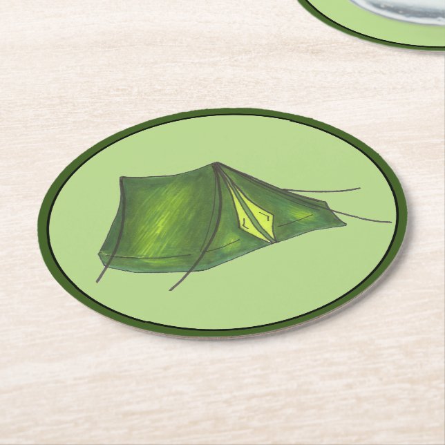 Pitch a Tent Summer Camp Camping Hiking Green Round Paper Coaster (Angled)
