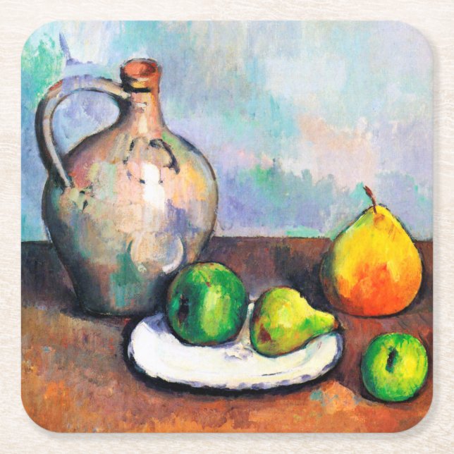 Pitcher and Fruit, Paul Cezanne Square Paper Coaster (Front)
