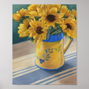 Pitcher of sunflowers on blue stripped cloth poster
