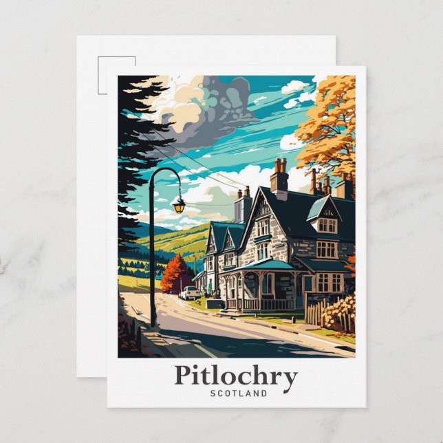 Pitlochry Scotland Art Vintage Travel Illustration Postcard (Front/Back)