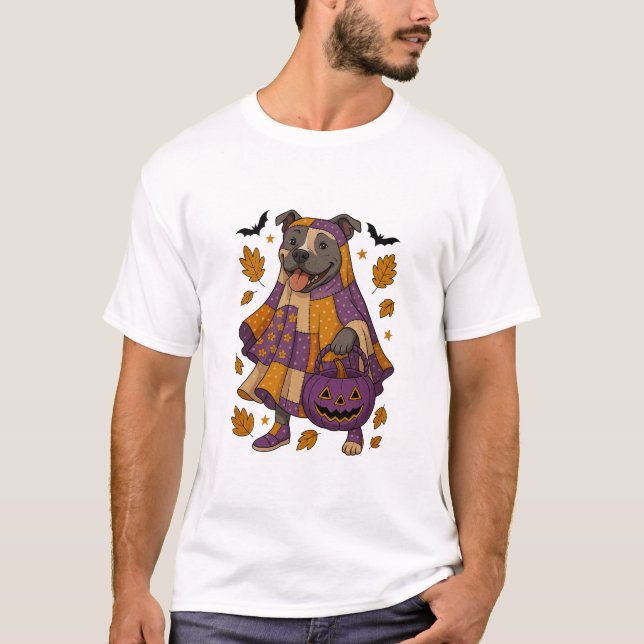Pitpull Dog Ghost Halloween T-Shirt (Front)