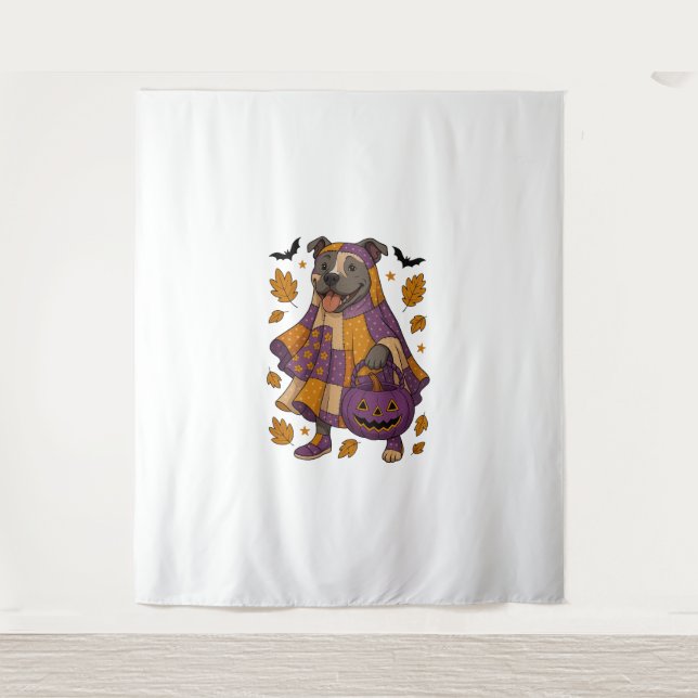Pitpull Dog Ghost Halloween Tapestry (Front)
