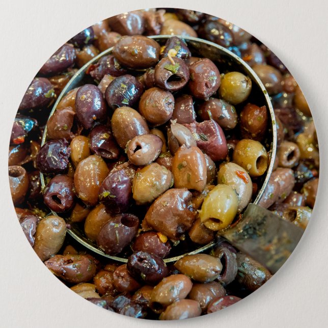Pitted and Seasoned Black Leccino Olives 6 Cm Round Badge (Front)