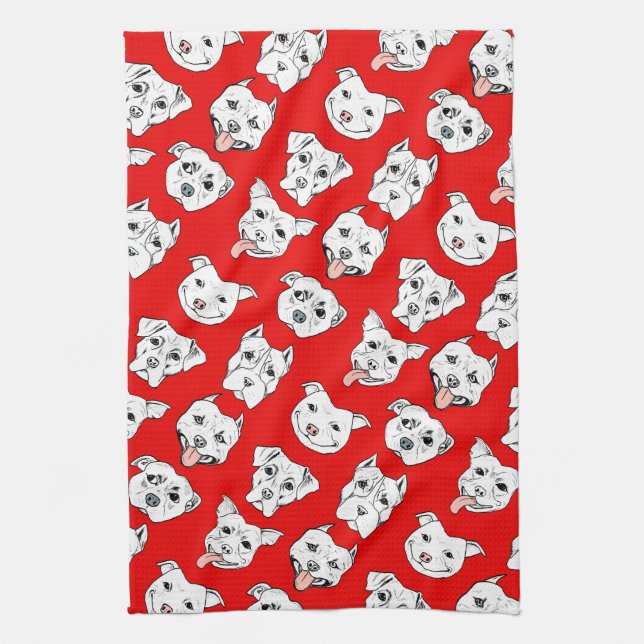 "Pittie Pittie Please!" Dog Illustration Pattern Tea Towel (Vertical)