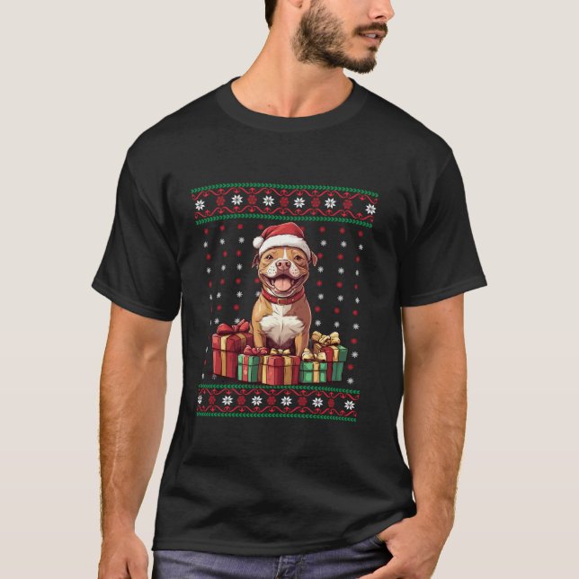 Pittie Santa Hat Dog Lovers Xmas Pitbull Ugly Chri T-Shirt (Front)