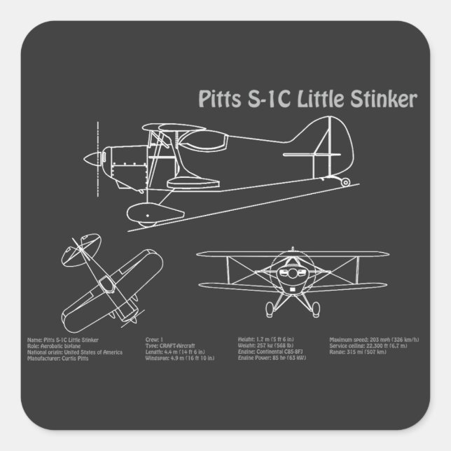 Pitts S-1C - Aeroplane Blueprint Plans PD Square Sticker (Front)