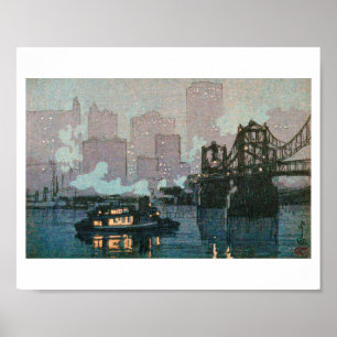 Pittsburgh at Night, Hiroshi Yoshida, Woodcut Poster