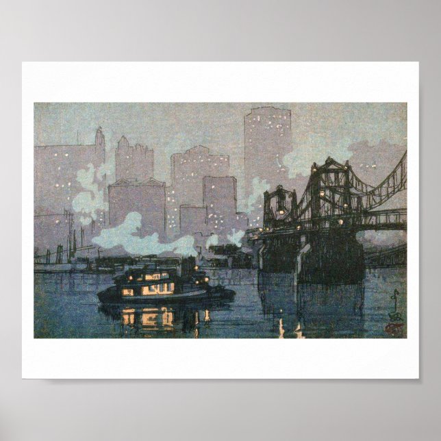 Pittsburgh at Night, Hiroshi Yoshida, Woodcut Poster (Front)