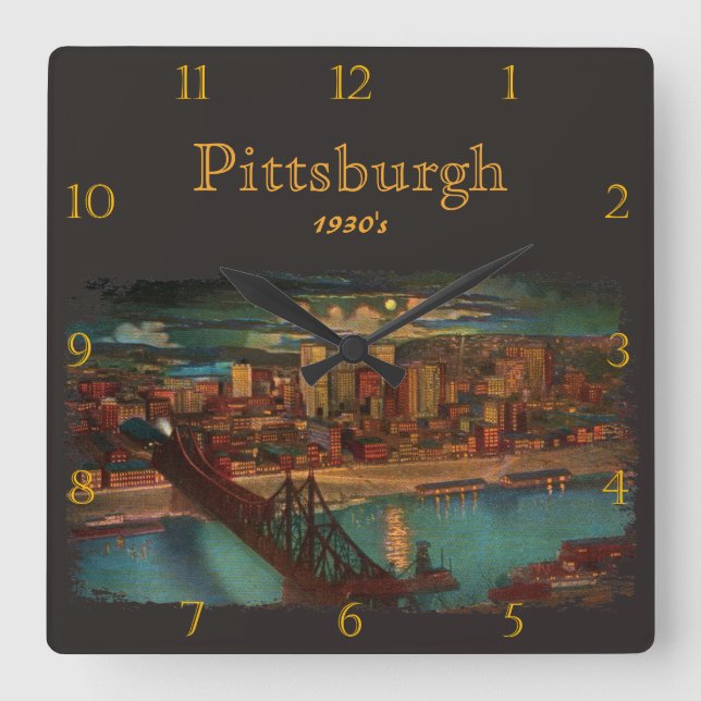 Pittsburgh By Moonlight 1930's Custom Square Wall Clock (Front)