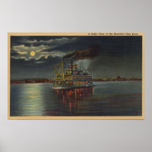 Pittsburgh, PA - Night View of Steamer & Ohio Poster