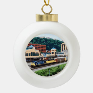 Pittsburgh PA - Train Going By Station Square Ceramic Ball Christmas Ornament