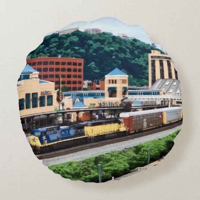 Pittsburgh PA - Train Going By Station Square Round Cushion (Back)