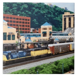 Pittsburgh PA - Train Going By Station Square Tile