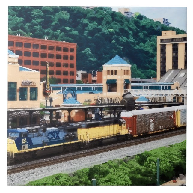 Pittsburgh PA - Train Going By Station Square Tile (Front)