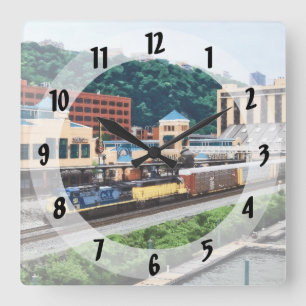 Pittsburgh PA - Train Going By Station Square Wall Clock