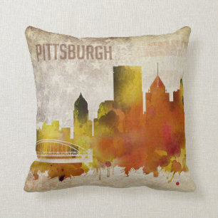Pittsburgh, PA   Watercolor City Skyline Cushion