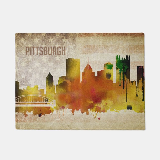 Pittsburgh, PA | Watercolor City Skyline Doormat (Front)