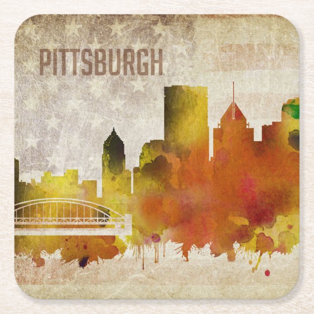 Pittsburgh, PA | Watercolor City Skyline Square Paper Coaster (Front)