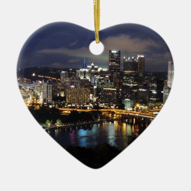 Pittsburgh Skyline at Dusk Ceramic Tree Decoration (Front)