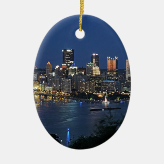 Pittsburgh Skyline at Dusk Ceramic Tree Decoration (Front)