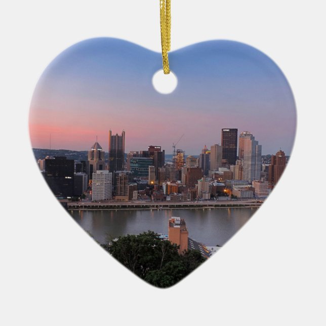 Pittsburgh Skyline at Sunset Ceramic Tree Decoration (Front)