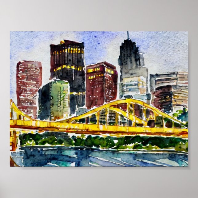 Pittsburgh Skyline watercolor painting  Poster (Front)