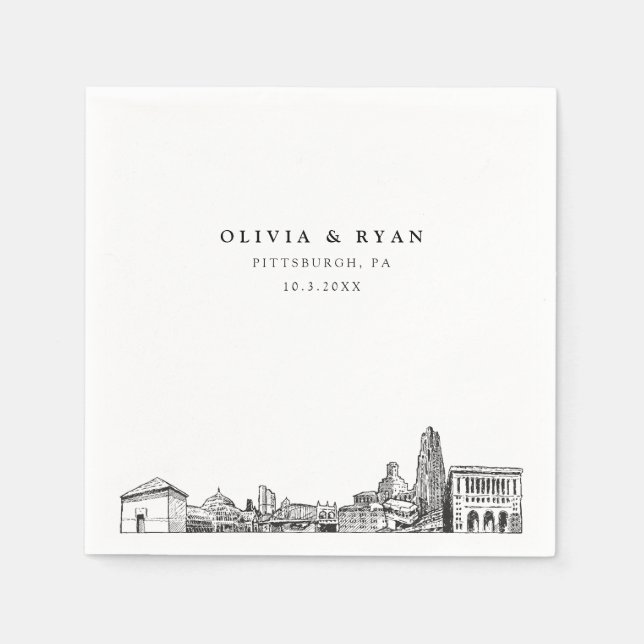 Pittsburgh Skyline Wedding Paper Cocktail Napkin (Front)