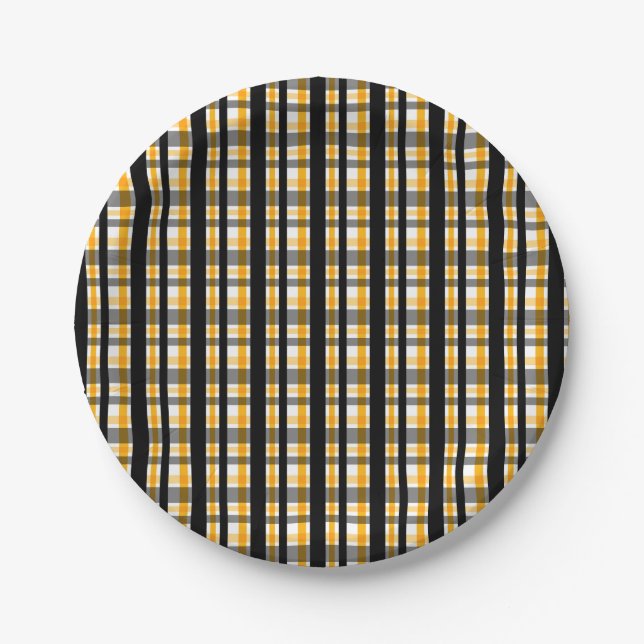 Pittsburgh Sports Fan Black Yellow Gold Plaid Paper Plate (Front)