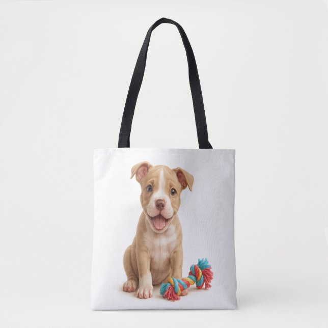 Pitty Party – Pitbull Puppy with Colourful Rope To Tote Bag (Front)