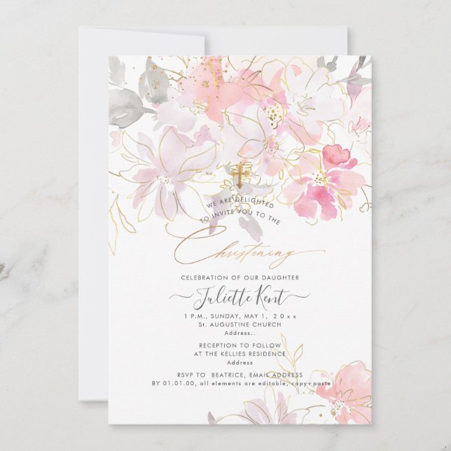 PixDezin Watercolor Blush Sweetpeas Christening Invitation (Front)