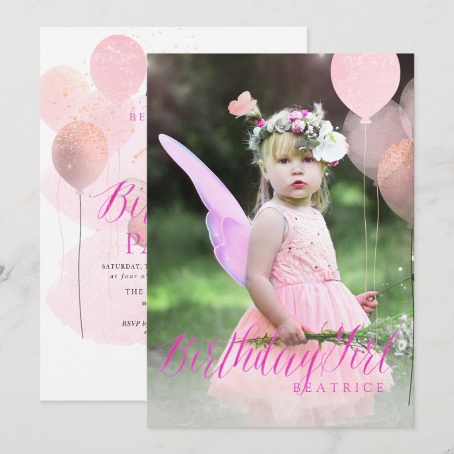 PixDezine ANY AGE, Birthday Girl Glitter Balloons Invitation (Front/Back)