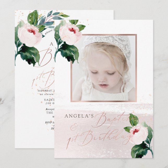 PixDezine Baptism+1st B'day Watercolor Blush Roses Invitation (Front/Back)