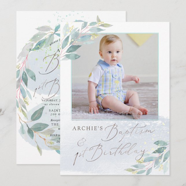PixDezine Baptism+1st Birthday Watercolor Greenery Invitation (Front/Back)