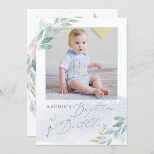 PixDezine Baptism+1st Birthday Watercolor Greenery Invitation