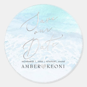 PixDezine Beach Iridescent Blue Save Our Date Classic Round Sticker