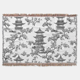 PixDezine Black Chinoiserie Pagoda Cherry Blossoms Throw Blanket